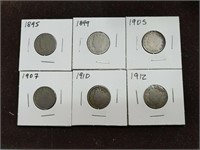 Collection of 6 Liberty V Nickels 1895-1912 in