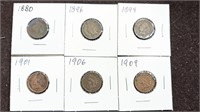 Collection of 6 antique Indian Head Pennies
