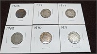 Collection of 6 Liberty V Nickel coins 1902-1911
