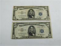 Pair of 1953-A $5 Silver certificate paper money