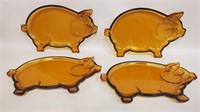(4) Vtg Indiana Amber Glass Pig Snack Plate