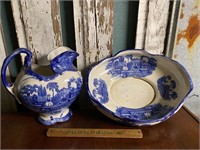 Large vintage flow blue bowl and pitcher(romantic)
