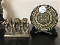 Brass "See No Evil" Statue 3" and Fancy Plate