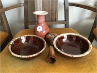 2 Hull Stoneware Bowls & 2 Dryden Vases