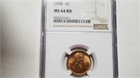 1938 Lincoln Cent Wheat Penny NGC Graded MS64 Red