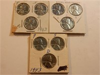 1943 P,D,S, Steel Pennies (x9)