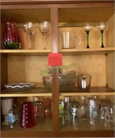 Three shelf lot, glassware, pink vase, wine