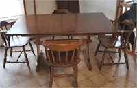 Hitchcock trestle table, 4 chairs, 2 leaves