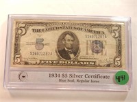 1934 $5 Silver Certificate Blue Seal, PCS slab