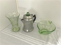 Green Depression vase, bowl, percolator with green