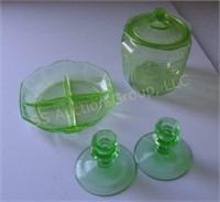 Green Depression candle holders, candy & relish (4