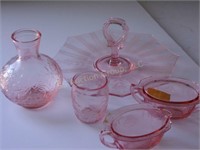 Pink Depression sugar creamer, pitcher, glass
