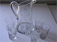 Cut glass water pitcher & 5 glasses
