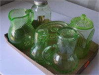 Green Depression pitchers, bowl, jars (6 pcs)