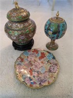 2 Decorative Brass Urns and 1 Plate
