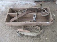 VINTAGE SAFETY HARNESS AND WOODEN TOOL BOX