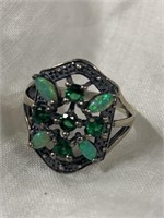 Sterling Silver Ring -Opals & Chrome Diopside Sz 7