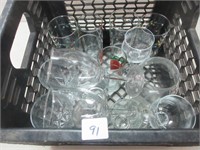 ASSORTMENT OF CLEAR GLASS + CRATE