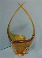Amber Art Glass Handled Basket Shaped Bowl
