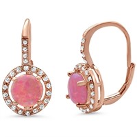 Rose Gold-pl. Round Halo Style Pink Opal Earrings