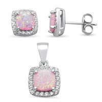 Cushion Cut Pink Opal& Topaz Pendant& Earrings Set
