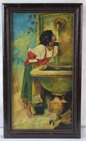 AFTER LEON BONNAT PAINTING WOMAN FOUNTAIN SIGNED
