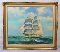 AMERICAN CLIPPER SHIP SAILBOAT PAINTING SIGNED