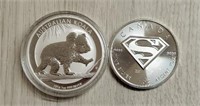 (2) One Ounce Silver Rounds: Superman & Koala