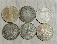 (6) Silver German Screaming Eagle 5-Mark Coins