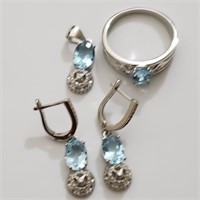 $310 Silver Blue Topaz Ring Pendant And Earring (6