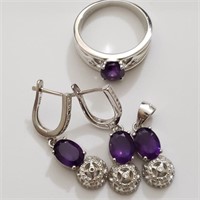 $310 Silver Amethyst Earring Ring And Pendant (6.4