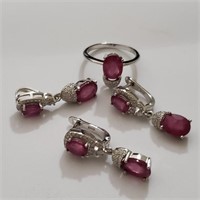 $370 Silver Ruby Ring Pendant And Earring(12.6ct)