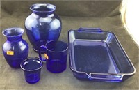 Five Pieces Cobalt Blue Glassware Including Two