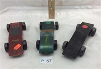 Three Vintage Boy Scout Pinewood Derby Cars