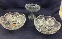 Pr of Heavy Crystal Bowls + Pedestal Etched Candy