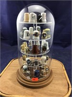 43 Thimbles in Glass Dome Display Case