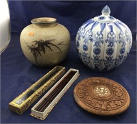 Pr of Fat Oriental Pieces & Vntg Chopsticks & More
