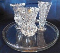 3 lead crystal bud vases, 2 w/ labels - 9" glass