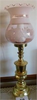 Three way table lamp, pink ruffled glass shade w/