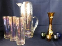 Pearl iridescent tall pitcher & 3 tumblers - four