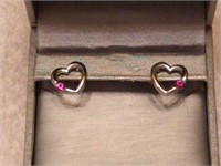 Sterling Silver Heart Earrings With Red Stone