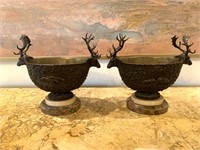 Urns w/ Applied Bronze & Marble Bases
