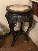 Carved Wood Side Table w/ Marble Insert