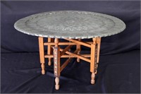 Round Metal-Top Table With Folding Legs