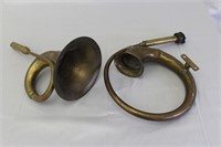 Pair of Early Circular Brass Bulb Motor-Car Horns