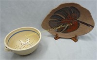 Pottery Strainer & Leaf Platter Both Signed