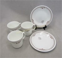 3 Corning mugs and matching Corelle plates