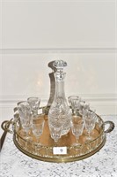 BRASS TRAY 14" W/ HANDLES, DECANTER AND 12