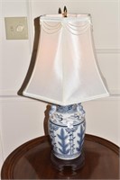 BLUE, WHITE ORIENTAL MOTIF LAMP WOOD BASE,
