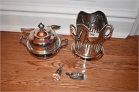 WINE CADDY SILVERPLATE, COVERED SERVER, DECANTER